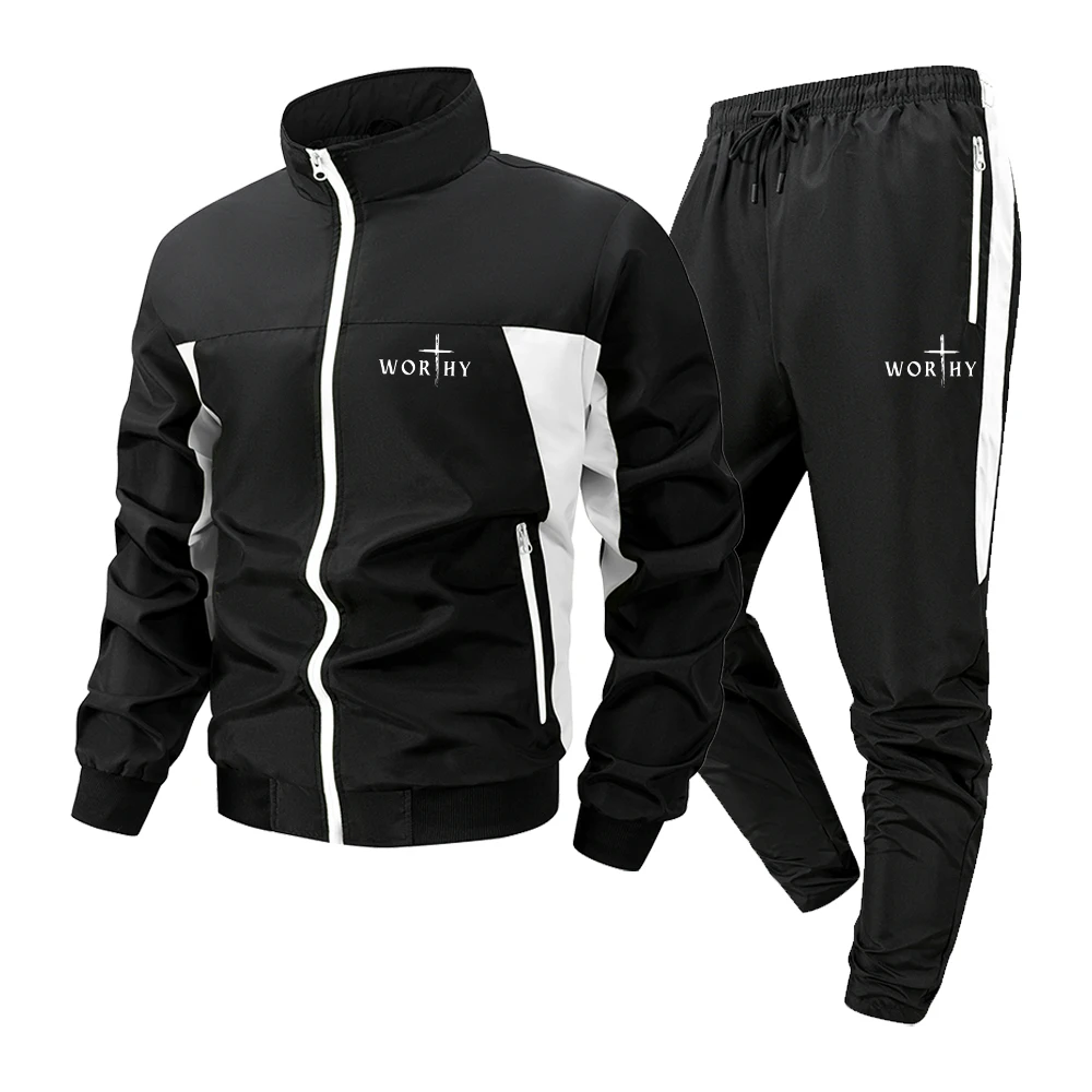 Men's WORHY Cross Print Athletic Set 2 Piece Stand Collar Zip Jacket And Trousers With Zip Pockets For Fitness And Casual Wear