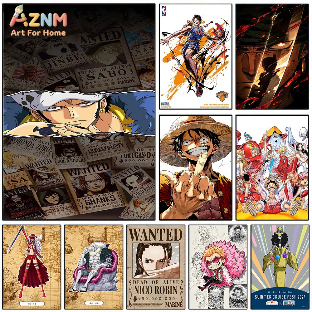 AZNM One Piece Wanted Poster Trafalgar Law Luffy Robin Shanks Doflamingo Canvas Wall Art Anime Print Unframed Canvas Painting Fo