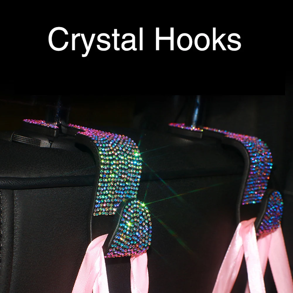 2Pcs/Pair Rhinestone Diamond Car Backseat Portable Headrest Hangers Multifunction Hooks for Purse Handbag Clothes Grocery Bag