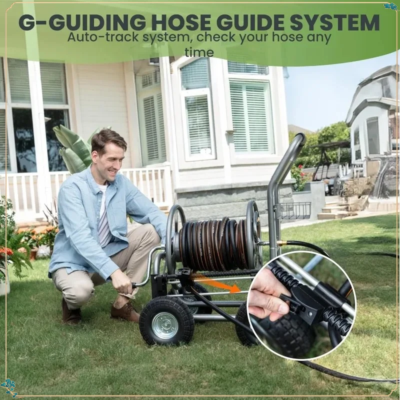 Heavy Duty Grey Hose Reel Cart - 250ft 5/8" Capacity, Pre-Installed Guide