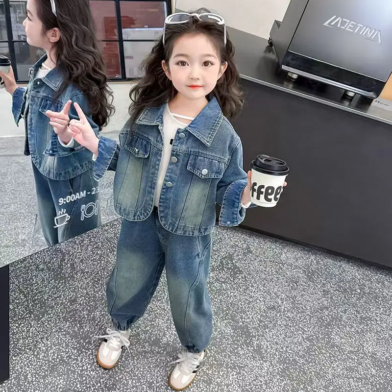 

Korean Clothes for Children Spring Autumn New Baby Girls' Loose Fashion Denim Jacket Pants Kids Casual Top Jeans 2Pcs Set