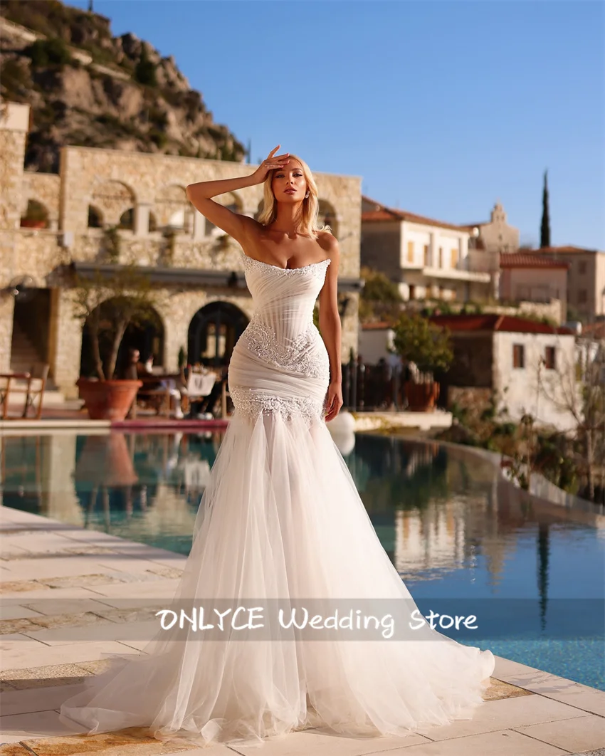 Luxury Sweetheart ชุดเดรสเมอร์เมด 2025 ประดับด้วยลูกปัดคริสตัล Tulle ชุดเจ้าสาว Vestido De Novia ที่กําหนดเอง