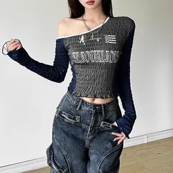 New Women's Street Fashion Long Sleeved Slanted Neck Slim Fit Exposed Navel T-shirt for Women