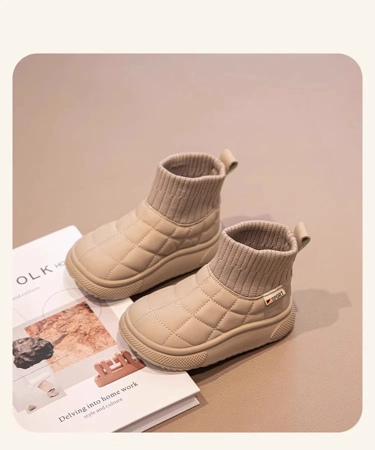 Children's Snow Boots 2-18 Years Old Khaki Padded Thickened Boys Girls Cotton Shoes Winter Black Soft Non-slip Kids Sock Boots
