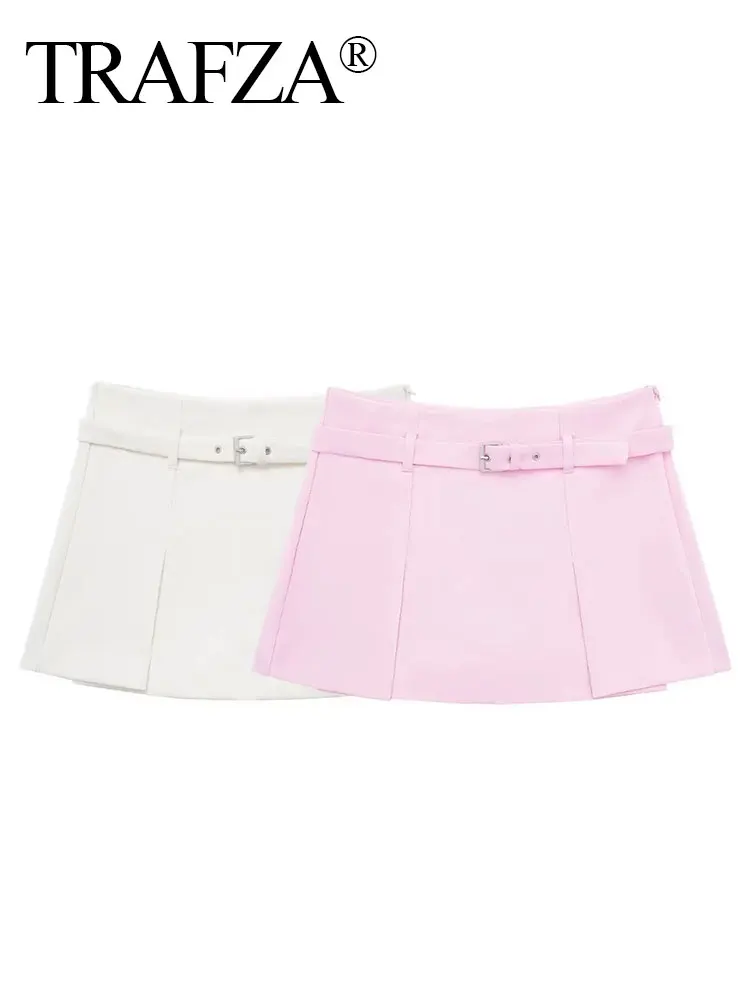 TRAFZA Mini pantaloncini da donna gonne 2024 New Fashion Summer Belt Culotes Shorts For Women Elegant Solid Chic Ladies Slim Shorts