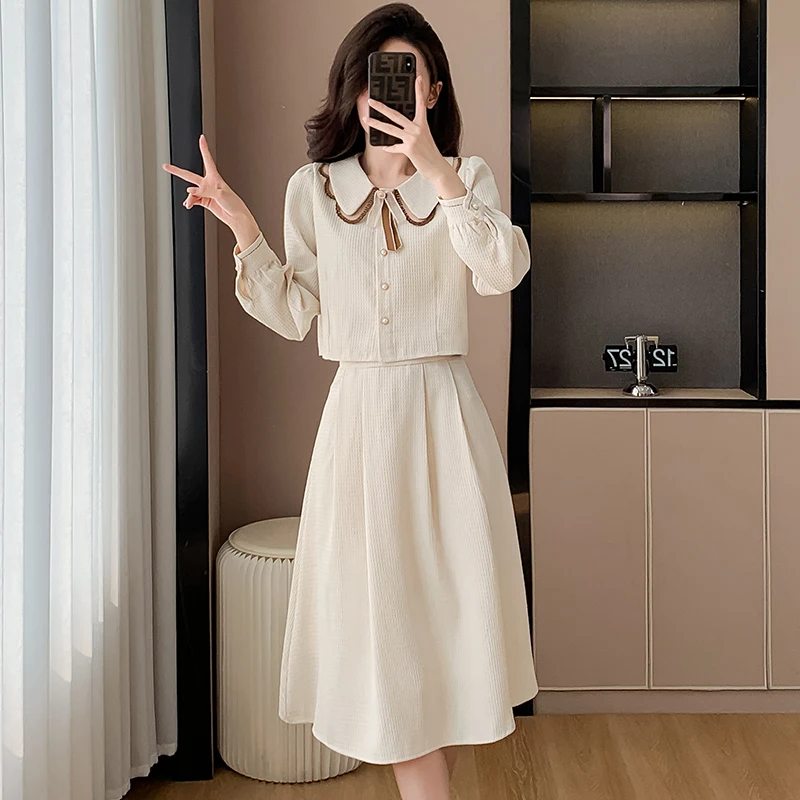 Sweet Wind Summer Two Piece Set Fashion Women Peter Pan Collar Single Breasted Beige Short Tops + A Line Mid Pleated Skirt Suit