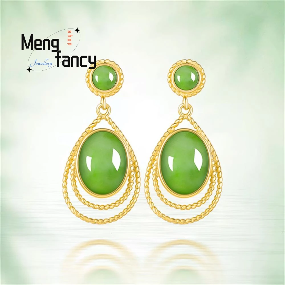 

Spinach Green Natural Material Hetian Jade Jasper Drop Earrings Female Models S925 Silver Inlaid Jade Temperament Earrings