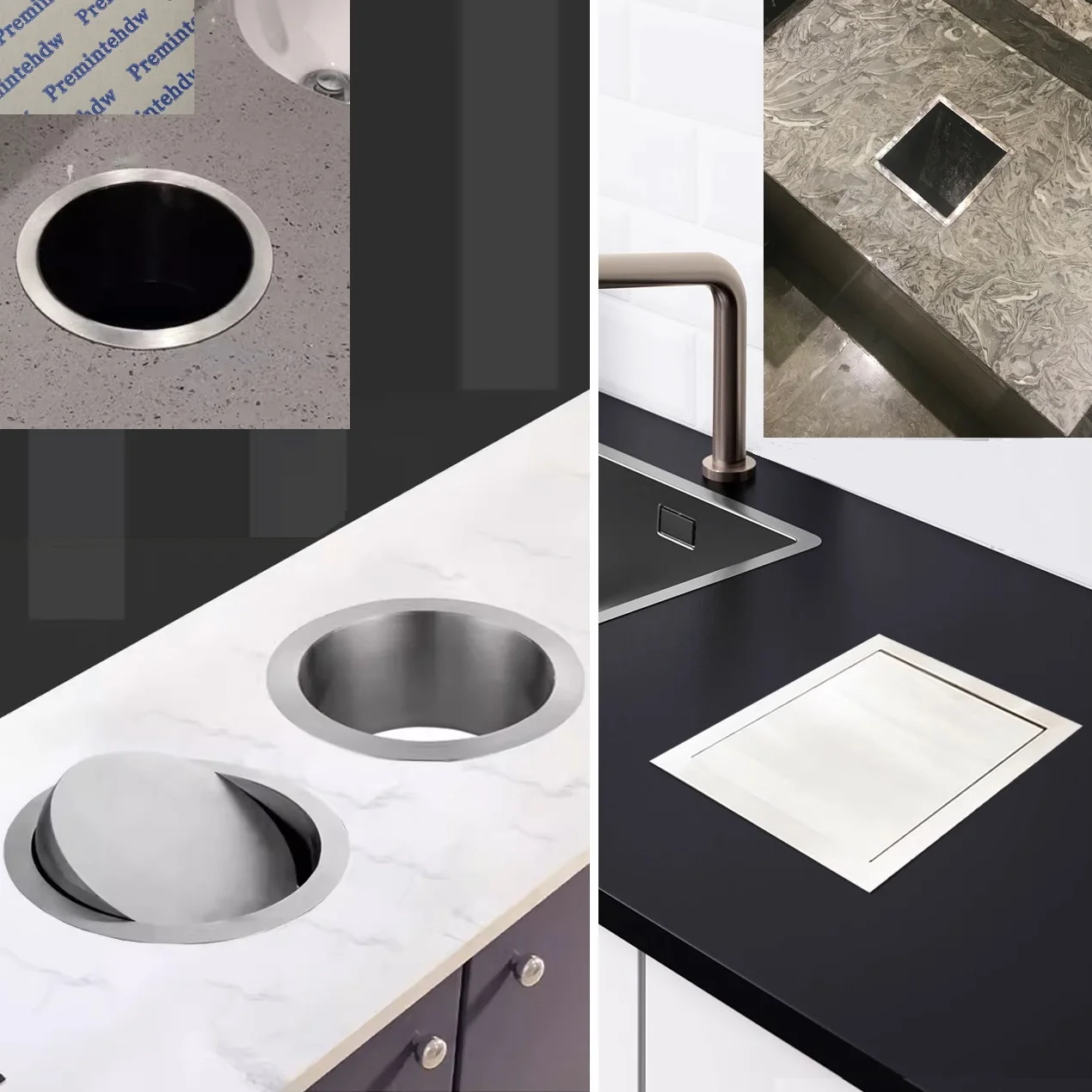 1Pc SUS304 Square Circular Countertop Mounted Trash Waste Chute Swing Cover Lid Open Top Grommet Kitchden Bath Countertop