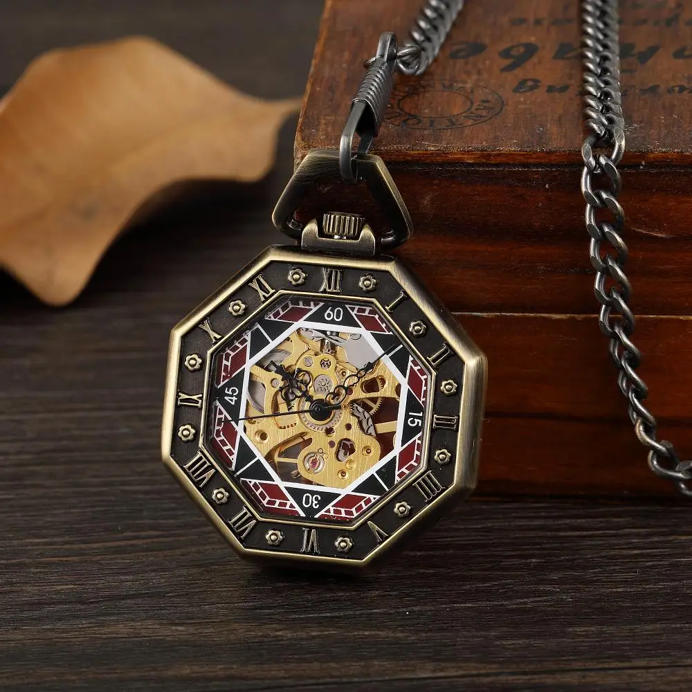 Antique Octagon Engraved Mechanical Pocket Watch Openwork Dial Steampunk Pendant Clock with Chain