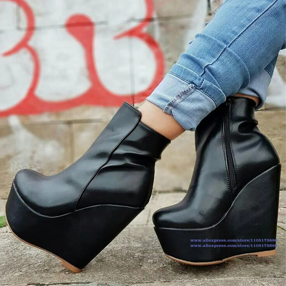 

Black Leather Platform Wedge Ankle Boots Round Toe Side Zipper High Heels Booties Luxury Designer Party Shoes Women's Boots