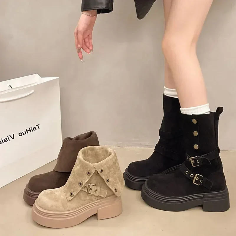 Designer's New Women's Long Boots, Fashionable Height Increasing Outdoor Knight Boots, Retro Waistband Buckle Women's Shoes