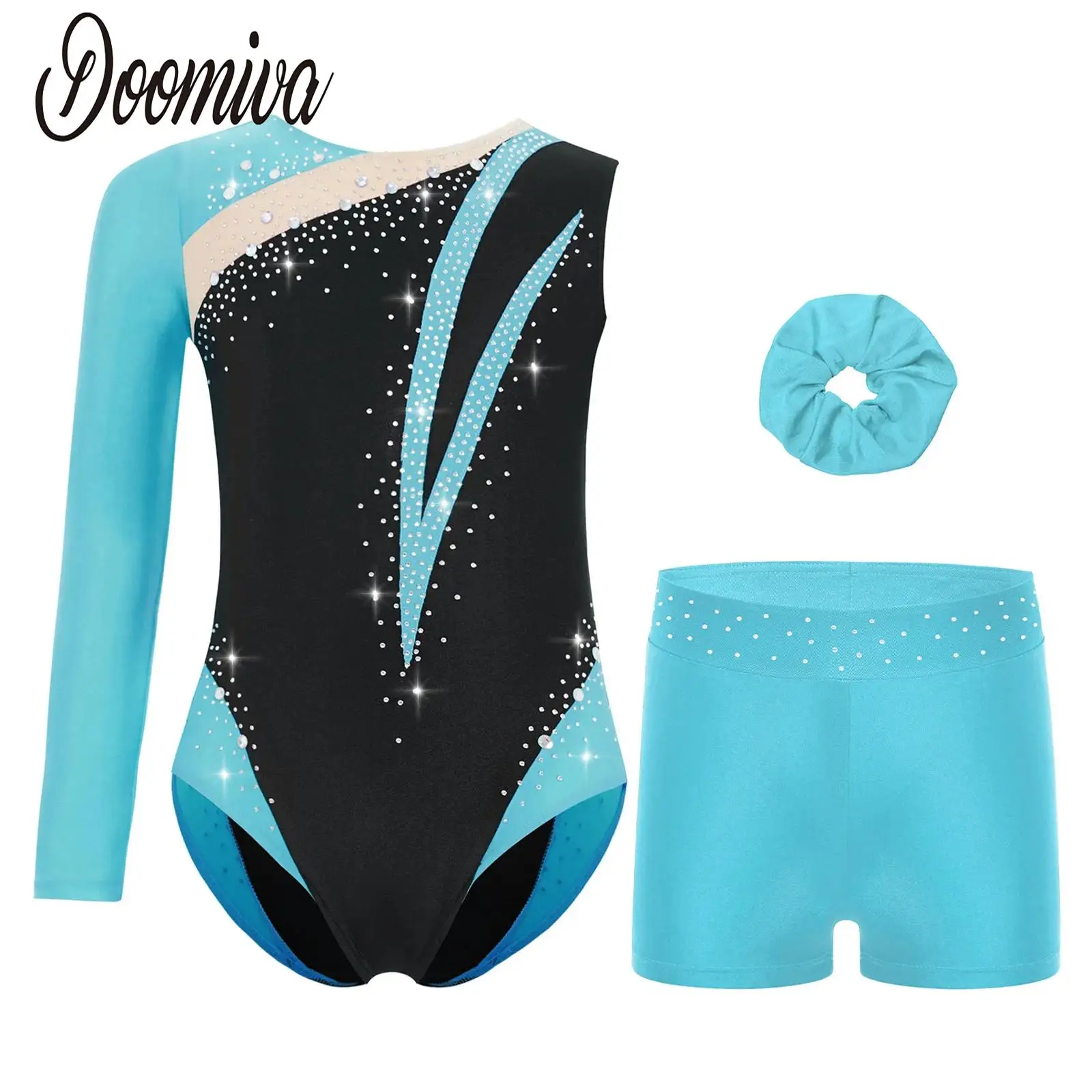 

Kids Girls Dance Outfit Rhythmic Gymnastics Figure Skating Costume Rhinestones Color Block Leotard with Shorts and Headwear Set