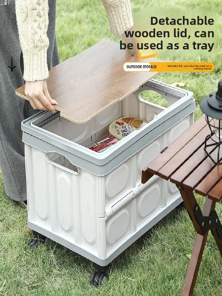 صندوق تخزين للتخييم في الهواء الطلق، عربة متنقلة قابلة للطي لتنظيم صندوق السيارة، صندوق نزهات من البلاستيك مع رف