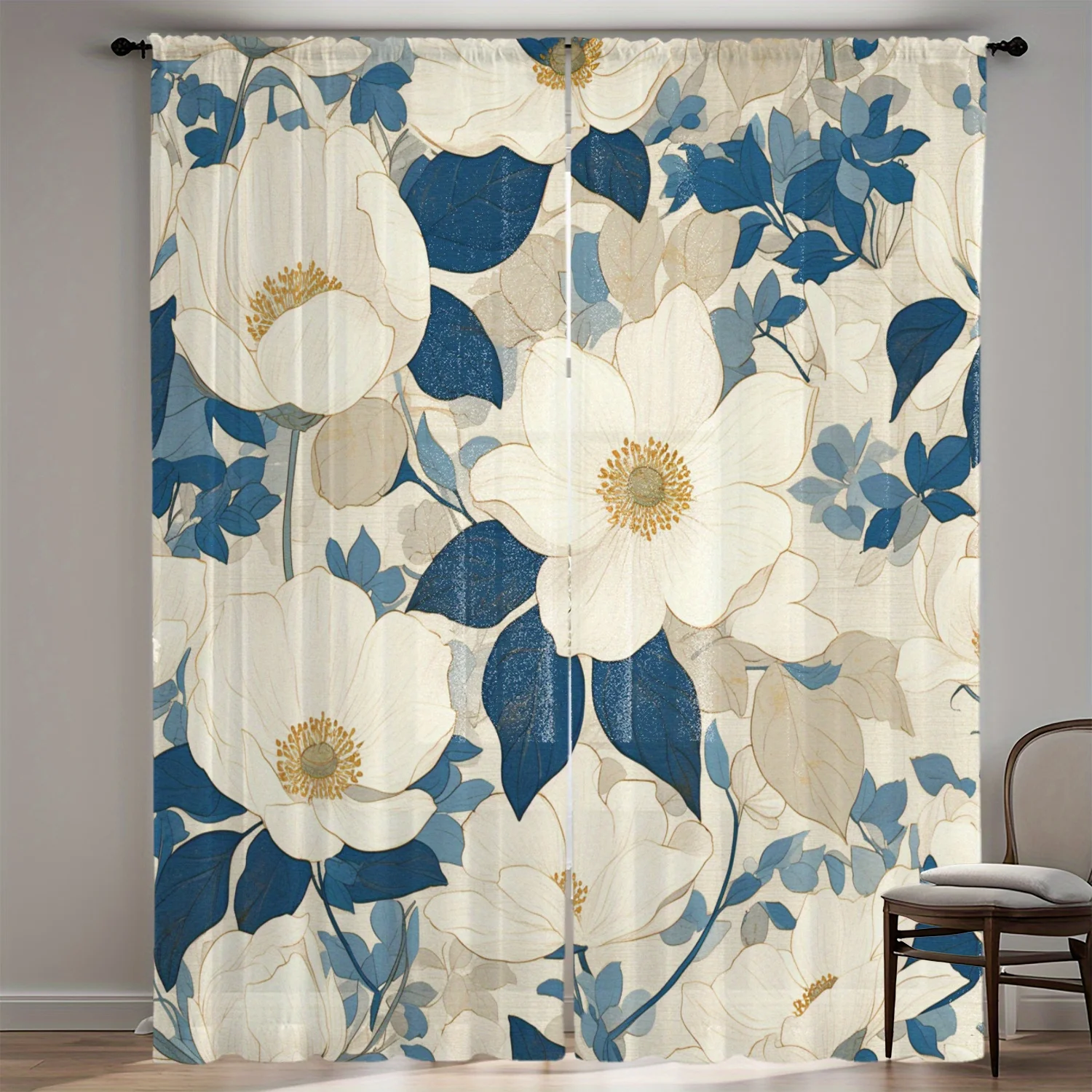 

2D Flat, 35x90in, Screens Featuring a White Floral Design on a Blue Leaf Background, Perfect for Home Decor Styles in Living Roo