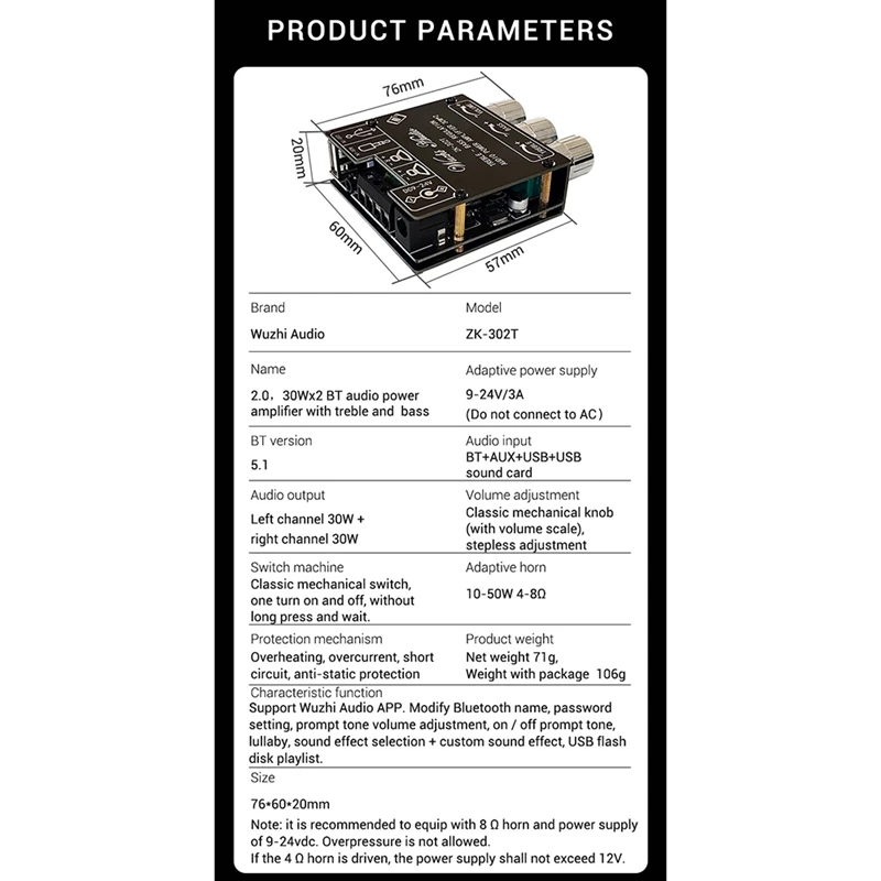 ZK-302T Bluetooth Digital Amplifier Board Module 2.0 Stereo Dual Channel 30W+30W With High And Low Tone Support APP