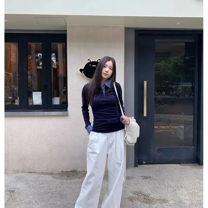 

Patchwork Plaid Fashion Casual Korean Style T-shirt Women's Fake Two-piece T-shirt Long-sleeved Tunic Top