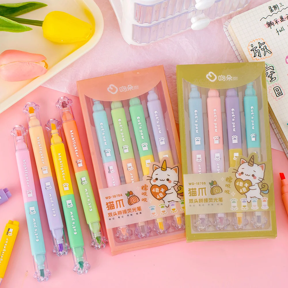 4 adet kedi pençe renk vurgulayıcı işaretleme kalemleri takım karikatür Kitties çift taraflı çizim boyama okul A7716 için yazma fırça ucu