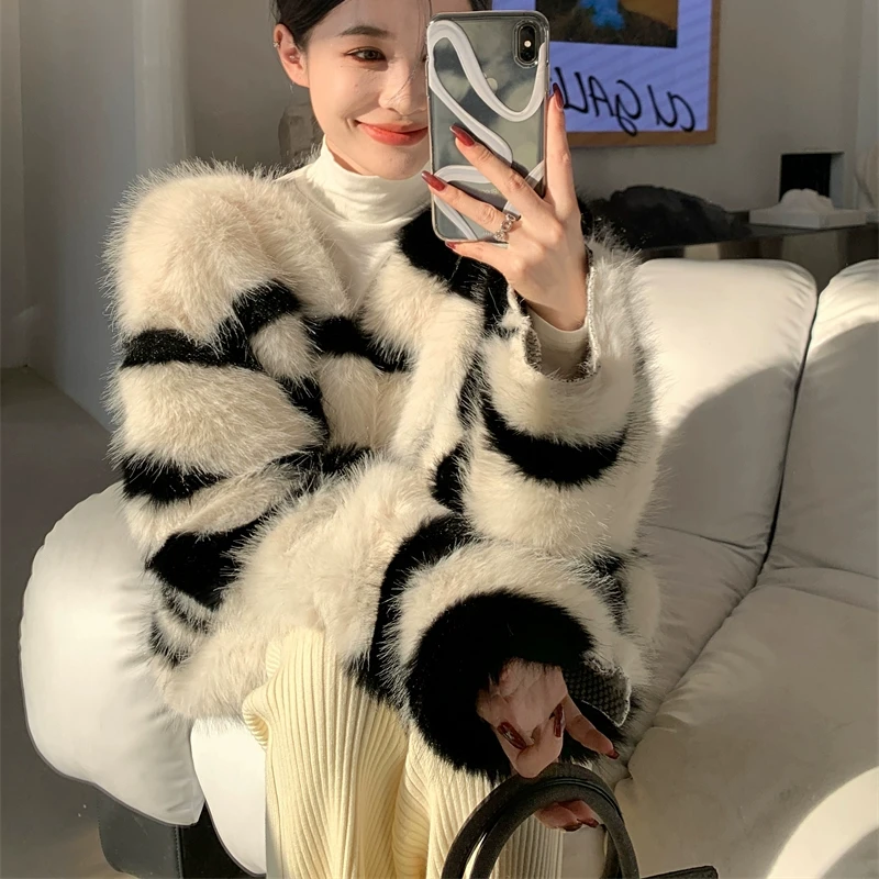 Warm Pullovers Women Winter Fluffy Striped Baggy V-neck Temper Теплый Женский Свитер Ropa Elegante Para Mujer Korean Style New