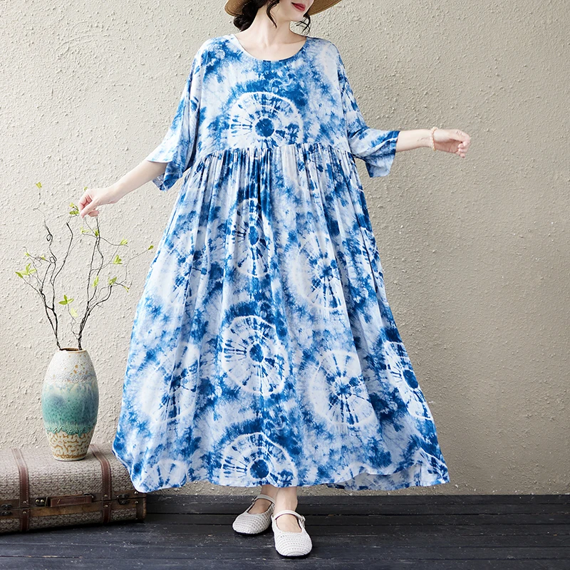 Loose Bohemian Style Cotton Summer Dress for Middle-Aged Women Short Sleeve round Neck Women's Dress Comfortable A-Line Skirt