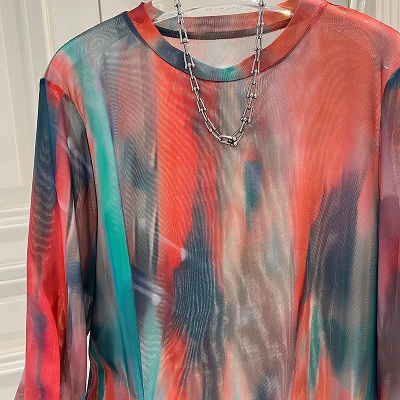 2024 Summer Minimalist Commute Tie Dye Printed Round Neck Camouflage Loose All-match Breathable Gauze Long Sleeve T-shirts Tops