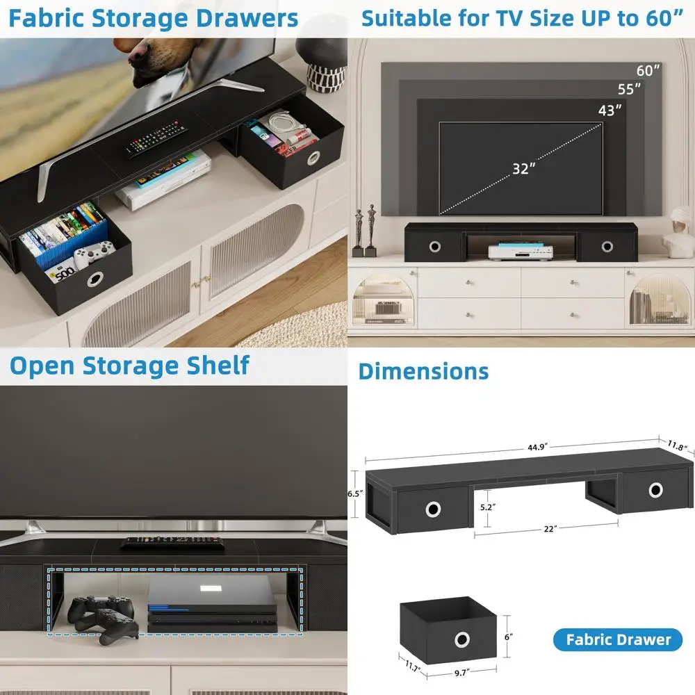 Elevated TV Stand with Fabric Drawers for 32-60 inch TVs, Steel Legged Riser, Home Office TV Shelf, Black