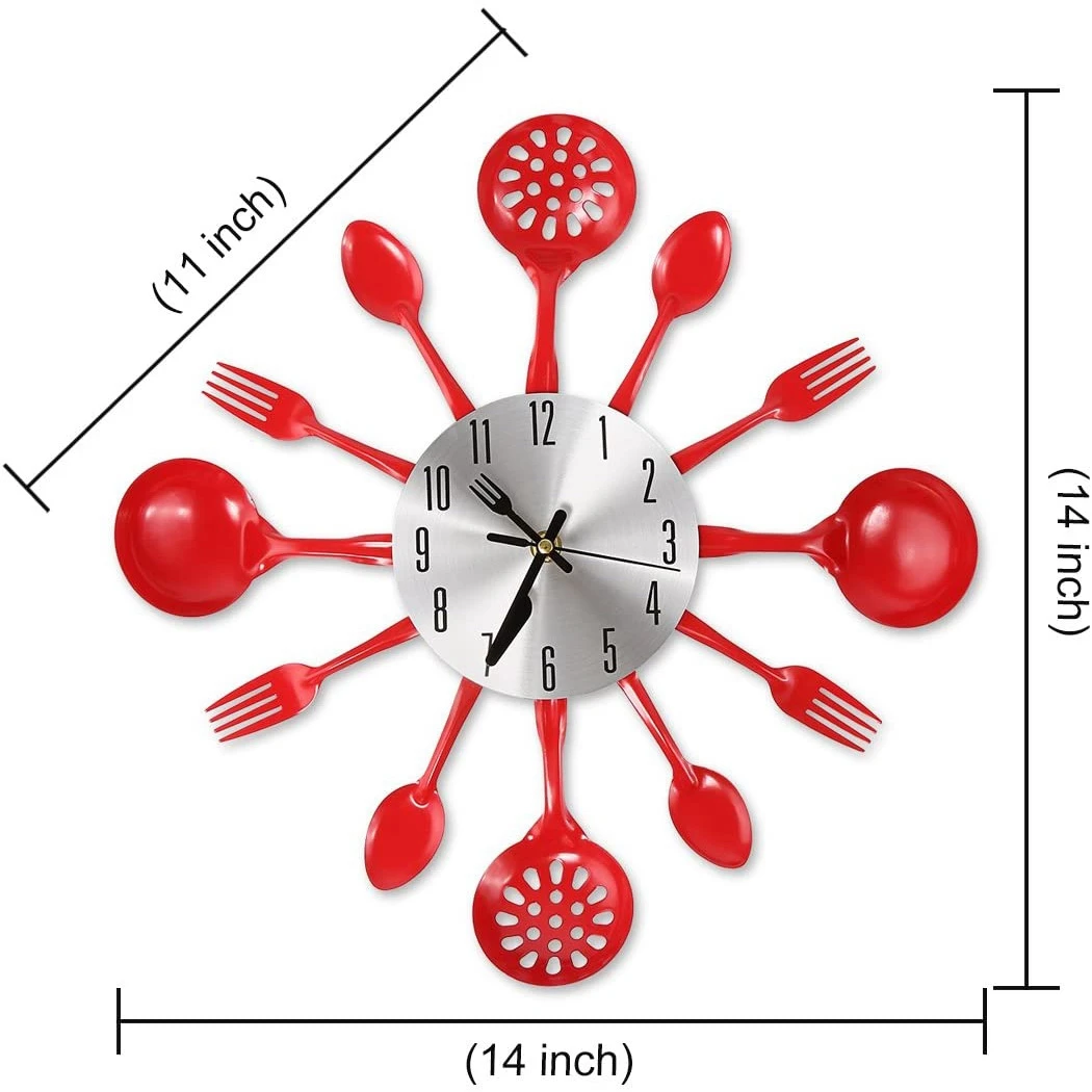 Reloj de pared de Metal para cubiertos de cocina, 14 pulgadas, con tenedor, cuchara, 3D, de cuarzo, sin tictac, para dormitorio y hogar