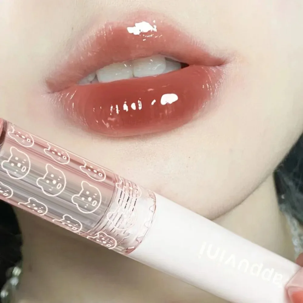 Cherry Mirror Water Lip Gloss Lips Glaze โปร่งใสแก้วสีชมพู Lip Oil กันน้ําลิปสติก Clear Tint Make up Nude Brown