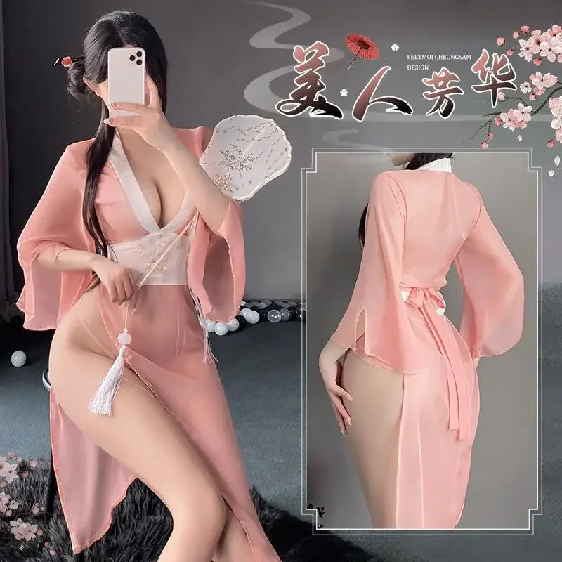 Vrouwen Sexy Lingerie Hanfu Jurk Kostuums Roze Diep V Doorzichtige Elegante Jurk Met Strings Set Chinese Antieke Stijl Kleding