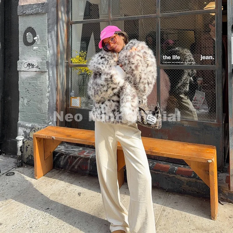 Neo Mint Vintage Classic Leopard Big Fur Collar Jacket Women Winter Brand Fashion Furry Faux Fox Fur Coats Chic Girls Streetwear
