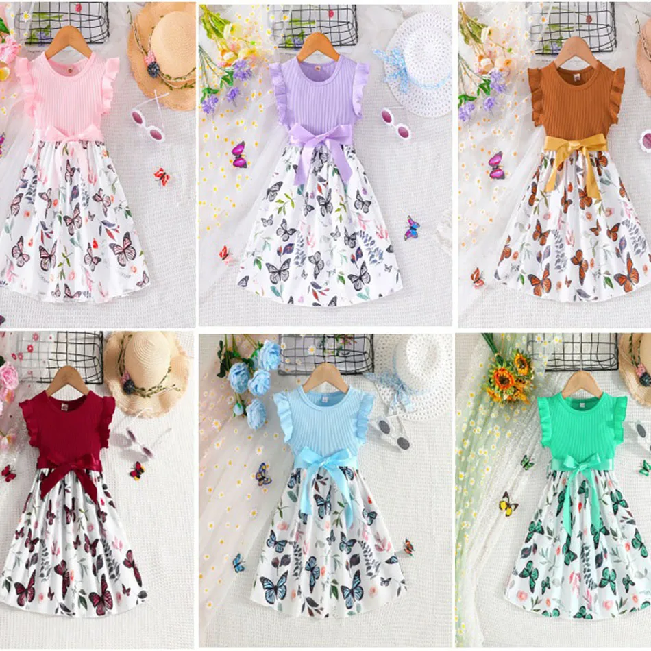 Trendy Girls Summer Dress Collection with Butterfly Print Children Ribbed Tops Sleeveless Tank Dress Kids Bowknot Casual Clothes