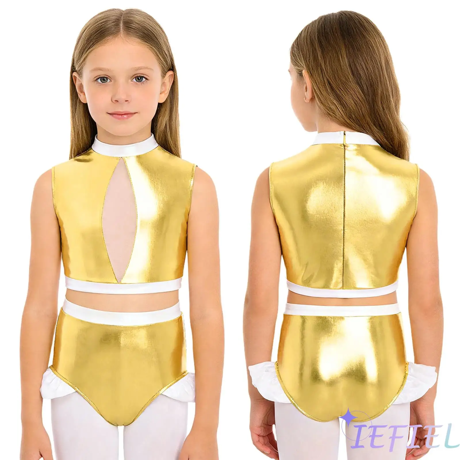 

Kids Girls Gymnastics Jazz Dance Clothing Sleeveless Mesh Patchwork Metallic Crop Top with Shorts Figure Skating Dance Outfit