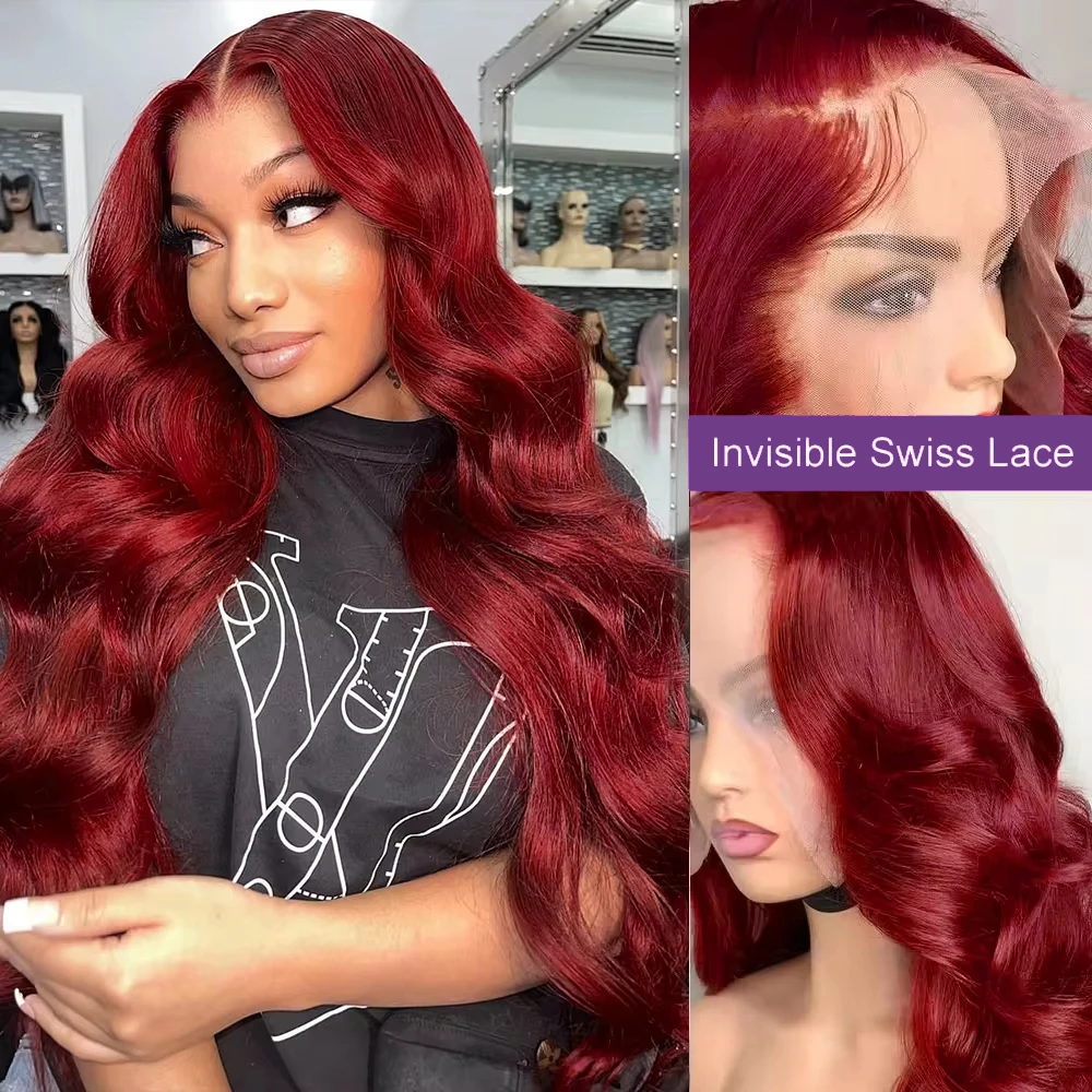 99J Burgundy 13x4 200 Density Lace Frontal wigs Human Hair Body Wave 28 30 Inch Full Lace Front Wig Transparent Wine For Women