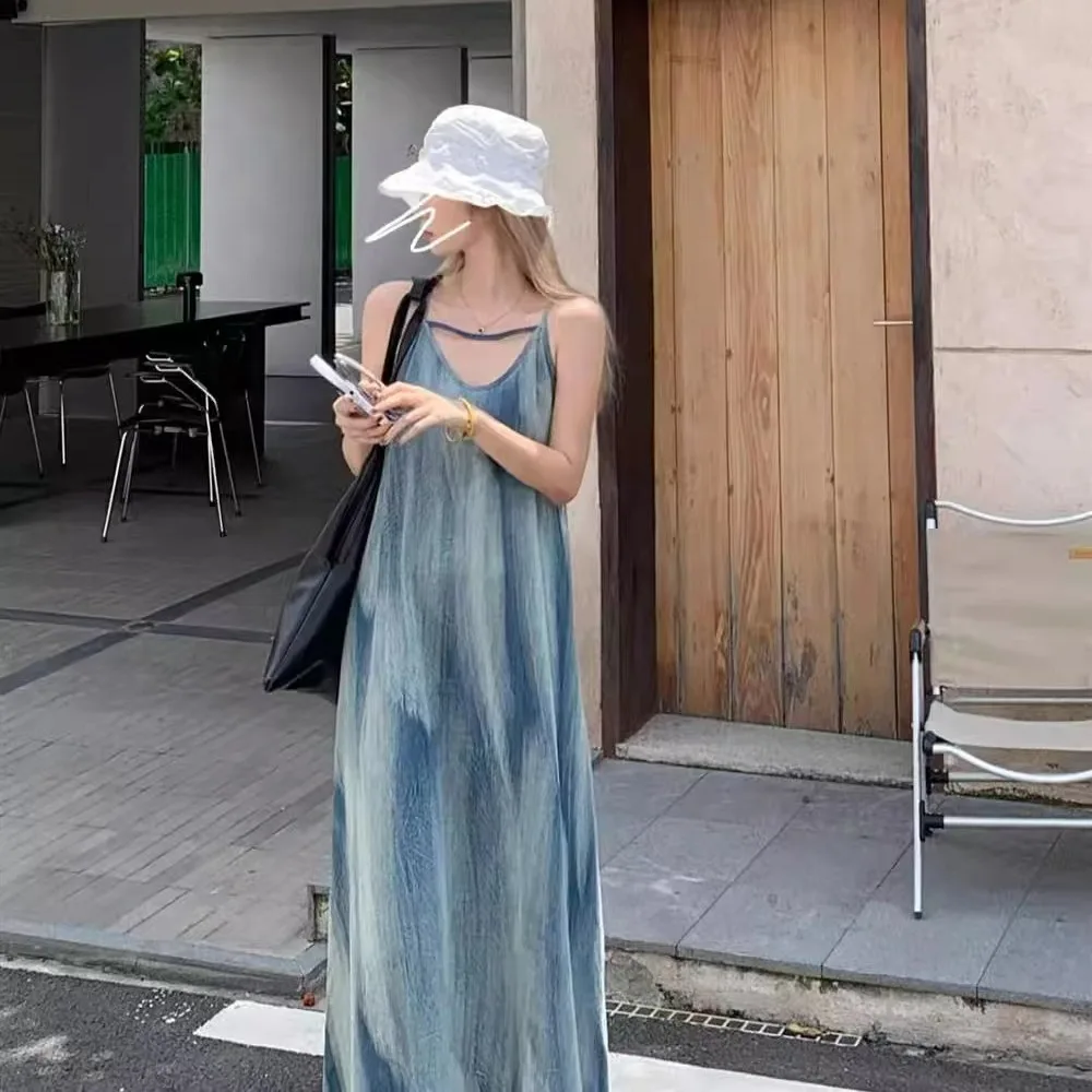 

Fashionable Gradient Color Strapless Long Dress Women's Summer New Style Slimming Straight Cut Dress City Walk Polyester Fiber