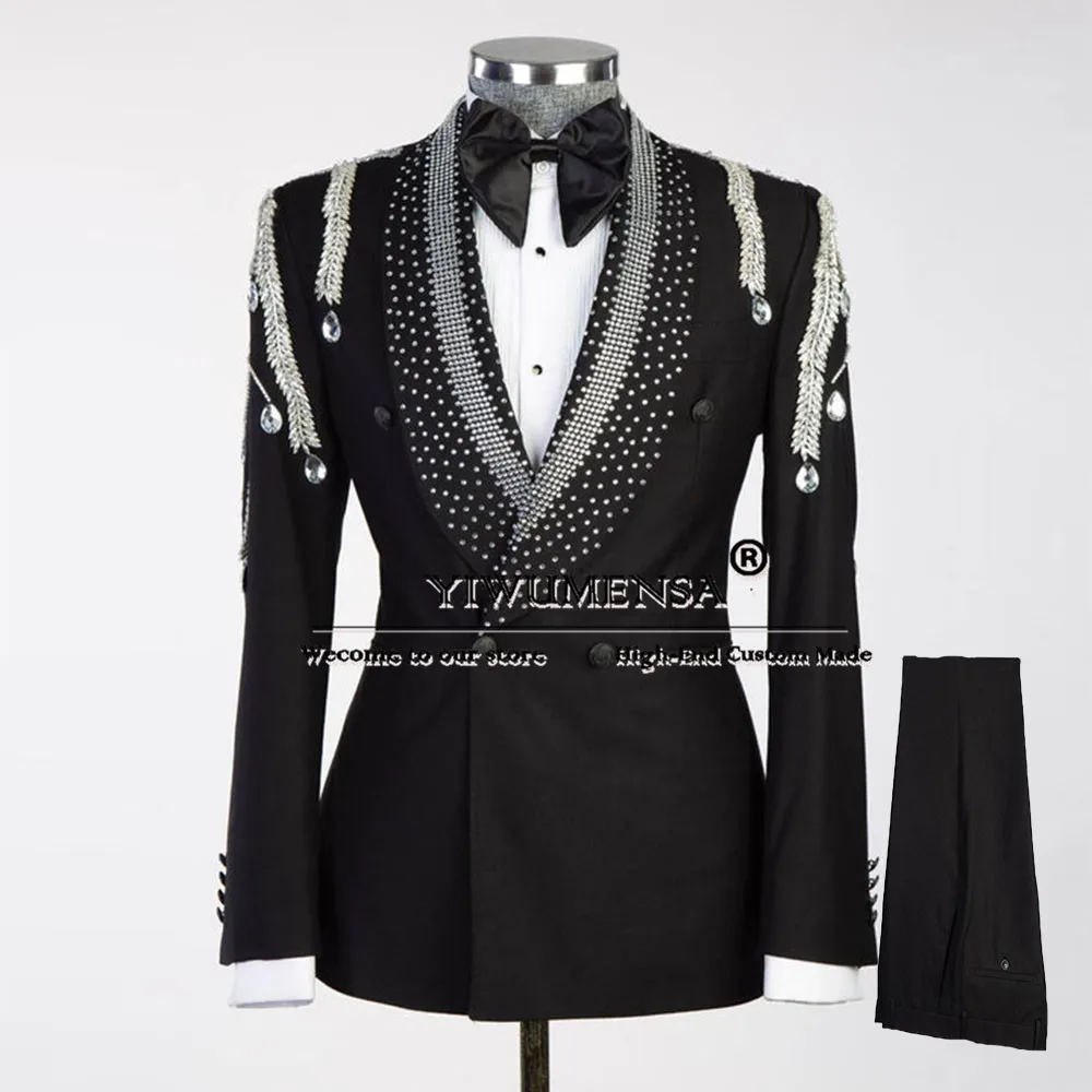 

Sparkly Beaded Diamond Suits Men For Wedding Double Breasted Jacket Pants 2 Pieces Groom Tuxedos Tailored Madse Male Clothing