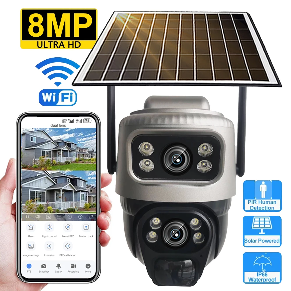 WiFi Solarna kamera IP Zewnętrzna kamera PTZ z podwójnym obiektywem Kamera wideo o niskim poborze mocy Wykrywanie ruchu PIR Ochrona bezpieczeństwa Kamera monitorująca CCTV