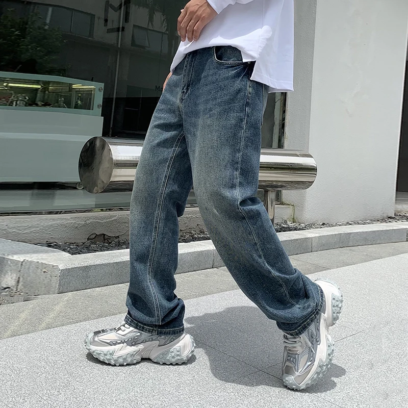 New retro blue jeans MEN'S straight leg loose high street vibe trendy elastic pants