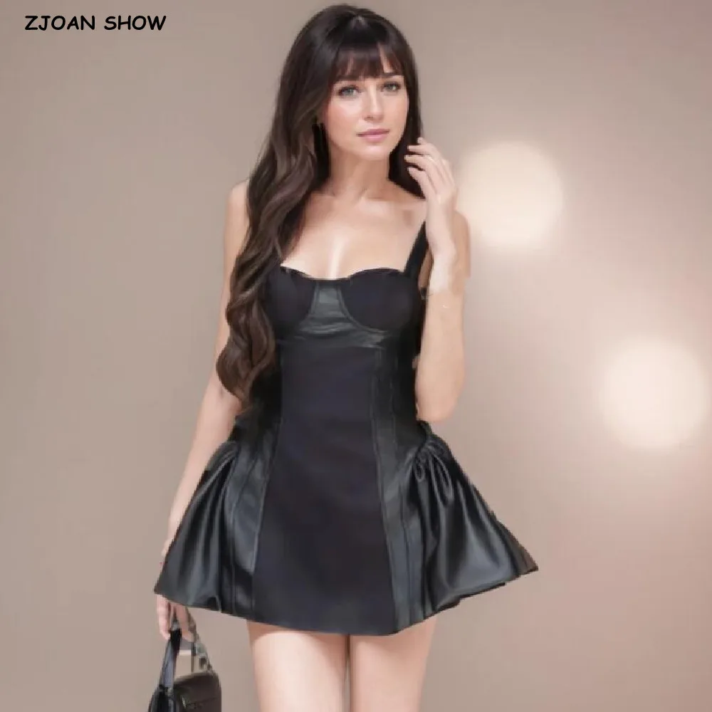 Sexy Corset style Low Waist Faux Leather Sling Dress Black Women Hem Ball Gown Swing Party Sleeveless Dresses Robe Vestido