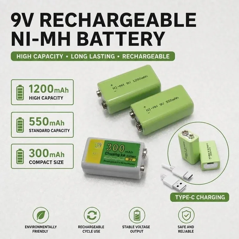[New] for Chuangke 9V Rechargeable Battery NiMH 6F22 Square Battery for Microphone Multimeter Single 9 Volt Power Cell