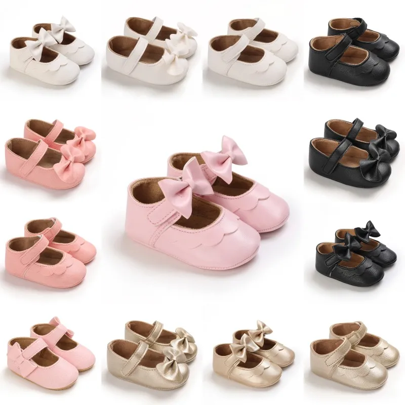 Newborn Baby Shoes Baby Boy Girl Shoes Girl Classic Bowknot Rubber Sole Anti-slip PU Dress Shoes First Walker Toddler Crib Shoes