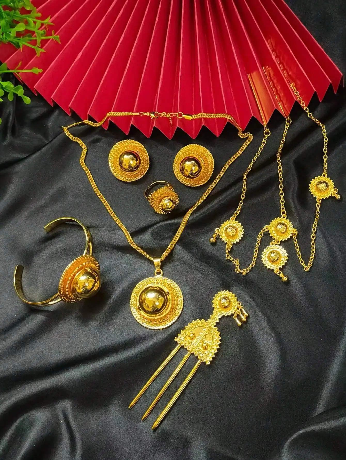 Ethiopian Jewelry sets Pendant/Necklace/Earrings/Ring/Bangles/Hairchain for Women Gold Color African Bride Gifts