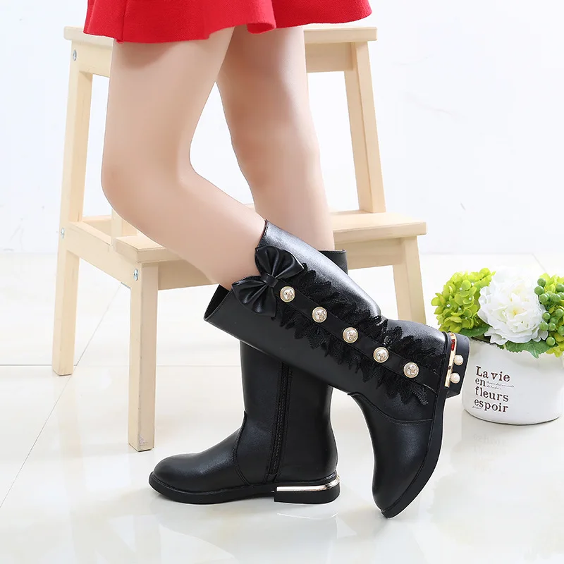 Girls Children Princess Shoes Pearl Lace Trimmed Sweet Boots Pure Color High Top Long Boots Low Heeled Studded Fashion Shoes