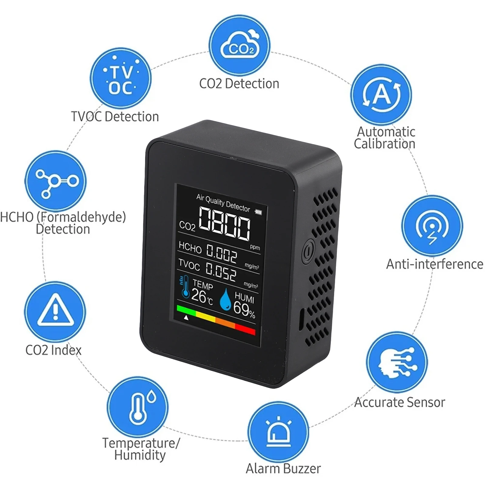 Formaldehyde HCHO TVOC Detector 5in1 Air Quality Tester 1200mAh Battery Capacity 4-sided Openings Accurate Measurement