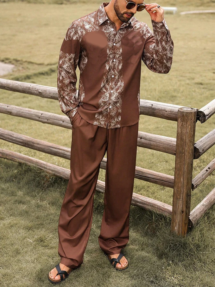 Trendy Mens Loose Two Piece Suits Vintage Pattern Printed Long Sleeve Shirt And Pants Sets Men 2025 Spring Autumn Casual Outfits