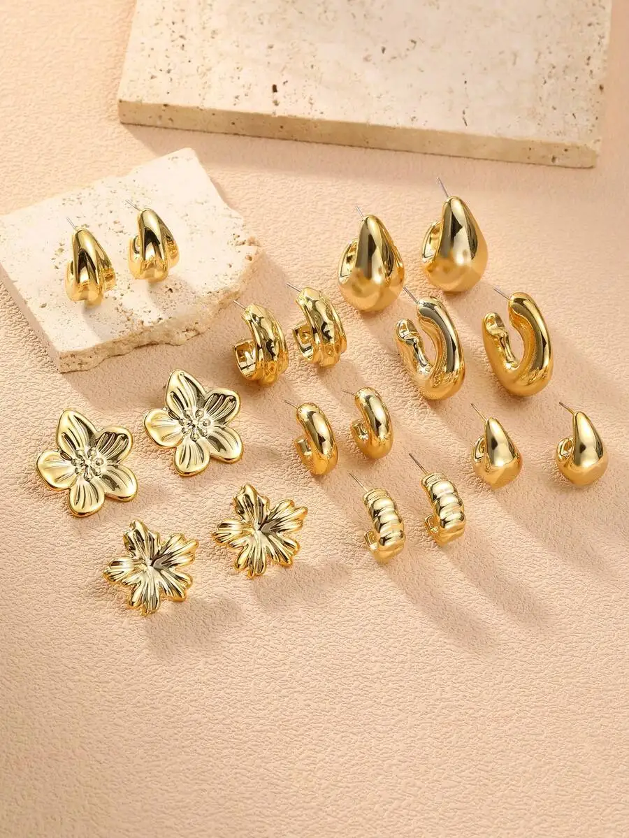 3/9 Paar Set Anmutige C-förmige Ohrringe aus Metall mit Blumenmuster – Schickes Accessoire für den Alltag, Verabredungen und Partys. – Detail 5