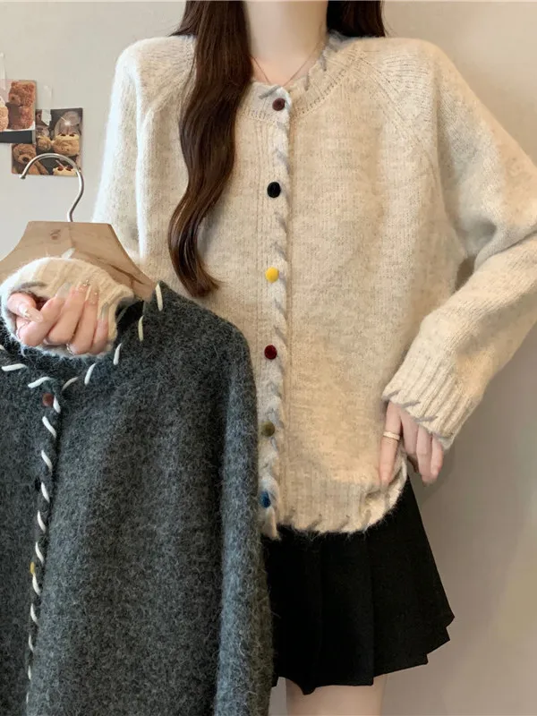 

plus Size Knitted Sweater Coat with Buttons Thickened Loose Slimming Color Block Winter New Style Women's Casual Inner Wear