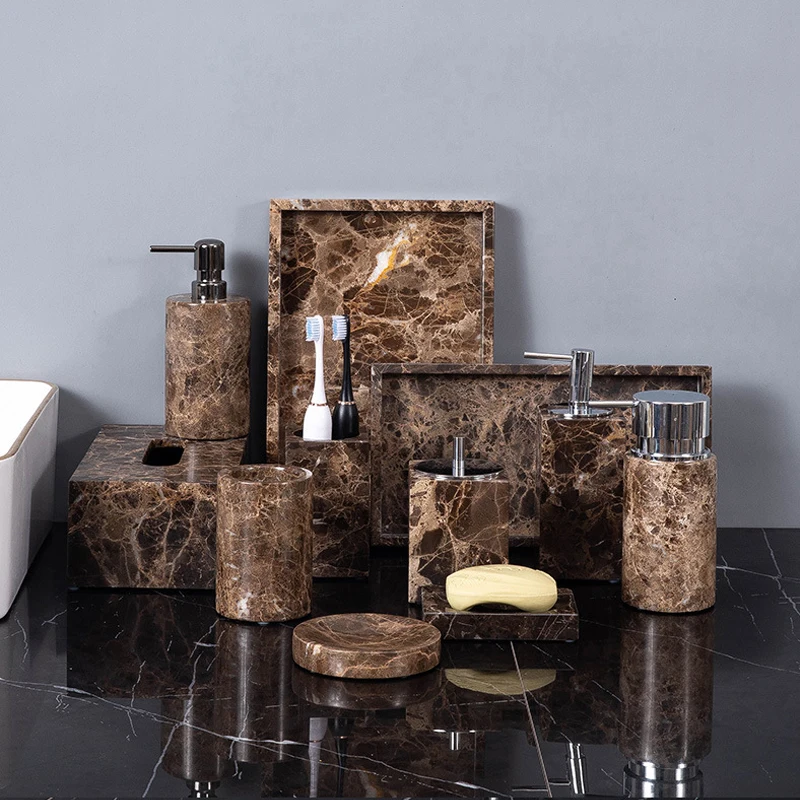 Wholesale Customized Emperador Dark Natural Marble Stone Bathroom Set Deep Brown Toothbrush Holder Soap Dish Dispenser Kit