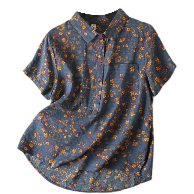 Vintage Floral Print Women\'s Shirt Summer Fashion Short Sleeve Pocket Loose Casual Blouse Female Comfortable Soft Thin Daily Top