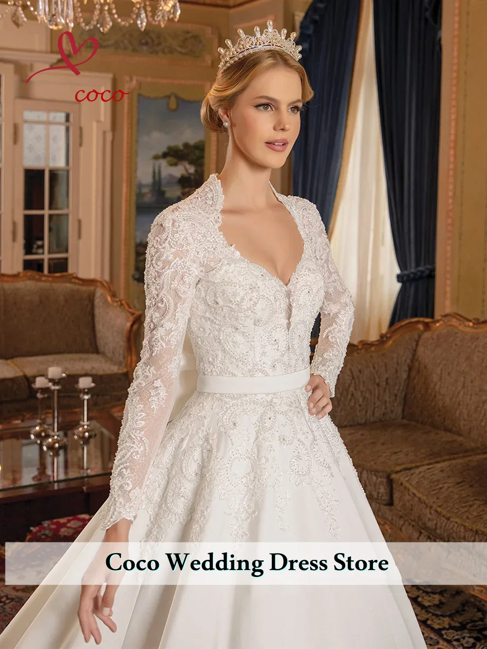 

Свадебное платье по индивидуальному заказу, свадебное платье с v-образным вырезом и длинными рукавами, сверкающая аппликация из бисера, атласные арабские платья невесты, Vestido de novia