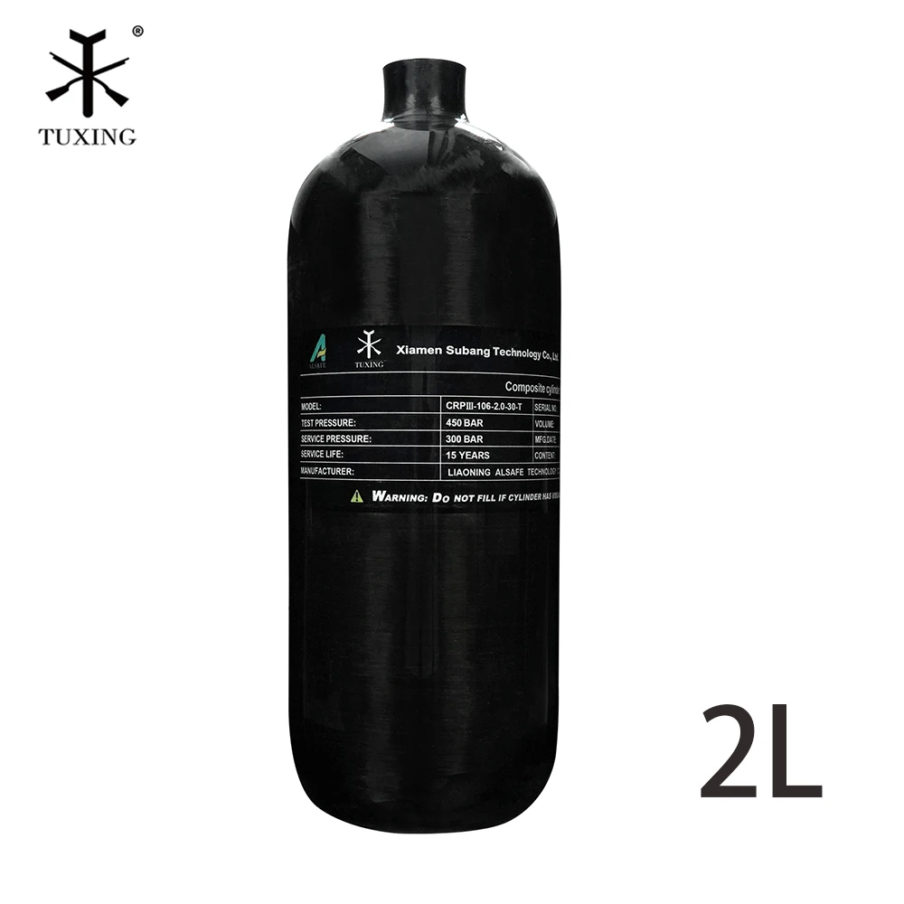 TUXING 300Bar 4500Psi 2L Cilindro de fibra de carbono preto Tanque de mergulho de alta pressão HPA Fio de mergulho M18 * 1.5