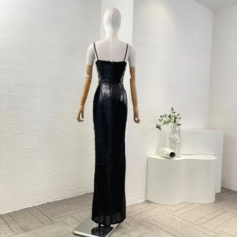 Women's Gorgeous Black Sequined Maxi Dress Metal Chain Decoration Cut Out Waist Sleeveless Ladies Dress